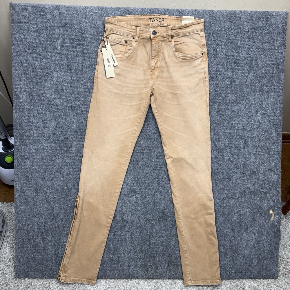 TAKER Stacked Skinny Jeans Stretch Denim Zip Leg Desert Sand men's size 36x36